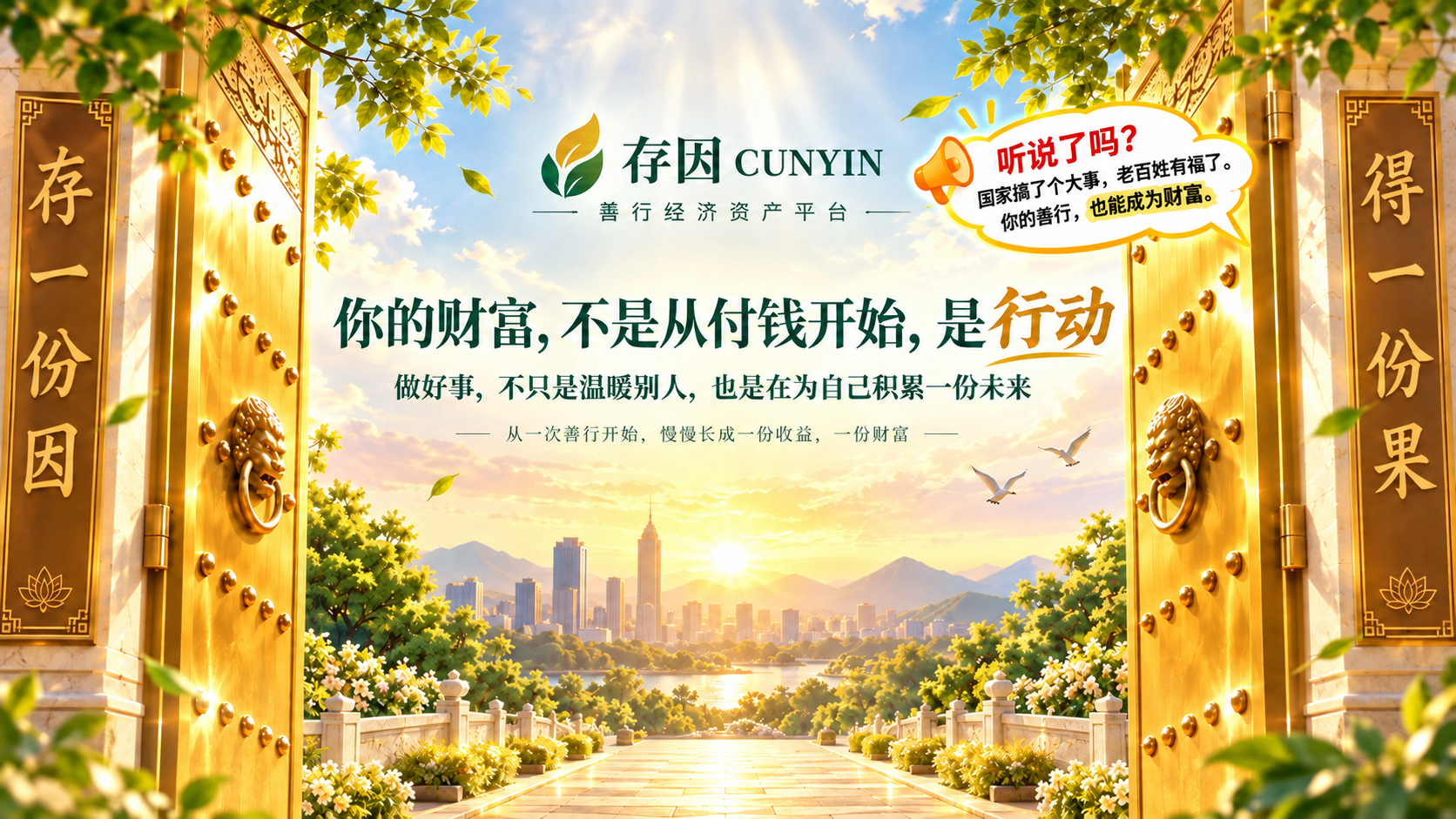 存因金色之门，存一份因，得一份果；你的财富，不是从付钱开始，是行动。